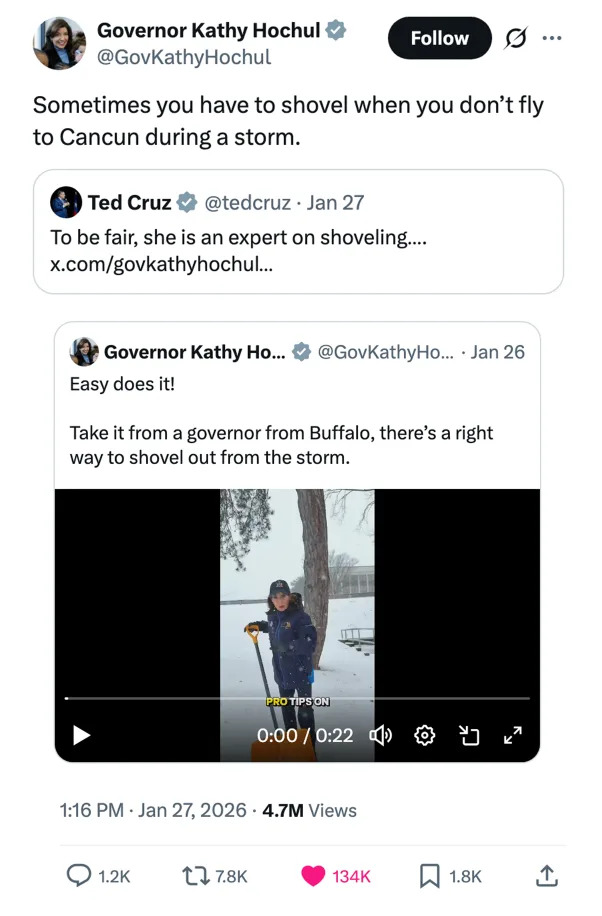 Tweet from Kathy Hochul shows her shoveling snow, responding to Ted Cruz with sarcasm about Cancun trips during storms