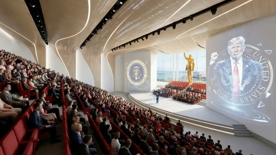 Futuristic auditorium filled with people, a large gold statue and screen displaying a figure gesturing, related to U.S. politics