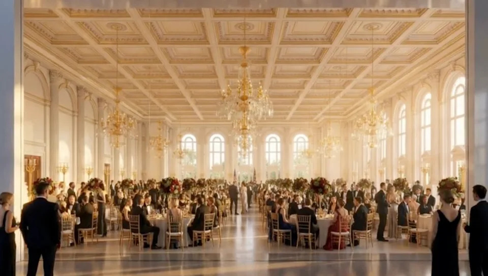 Elegant ballroom event with guests dining at round tables, chandeliers hanging from the ceiling, and large windows illuminating the scene