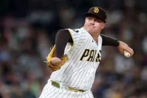 SAN DIEGO, CALIFORNIA - AUGUST 25: Adrian Morejon #50 of the San Diego Padres pitches during the seventh inning of a game against the Pittsburgh Pirates at Petco Park on August 25, 2026 in San Diego, California. (Photo by Sean M. Haffey/Getty Images)