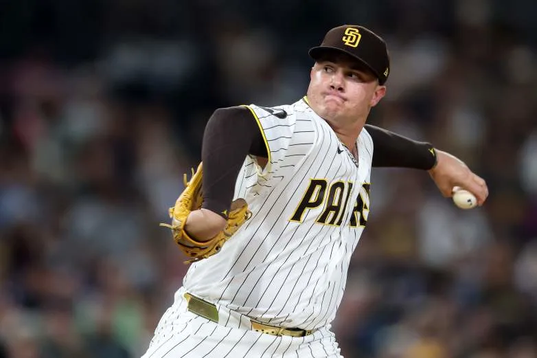 SAN DIEGO, CALIFORNIA - AUGUST 25: Adrian Morejon #50 of the San Diego Padres pitches during the seventh inning of a game against the Pittsburgh Pirates at Petco Park on August 25, 2026 in San Diego, California. (Photo by Sean M. Haffey/Getty Images)