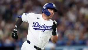 LOS ANGELES, CALIFORNIA - APRIL 15: Dalton Rushing #68 of the Los Angeles Dodgers in action against the New York Mets at Dodger Stadium on April 15, 2026 in Los Angeles, California. All players are wearing the number 42 in honor of Jackie Robinson Day. (Photo by Luke Hales/Getty Images)