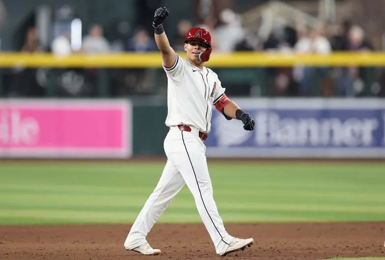 PHOENIX, ARIZONA - APRIL 01: Jorge Barrosa #1 of the Arizona Diamondbacks celebrates after hitting a ninth inning double for his first career hit in his first major league at bat against the New York Yankees at Chase Field on April 01, 2024 in Phoenix, Arizona. (Photo by Christian Petersen/Getty Images)