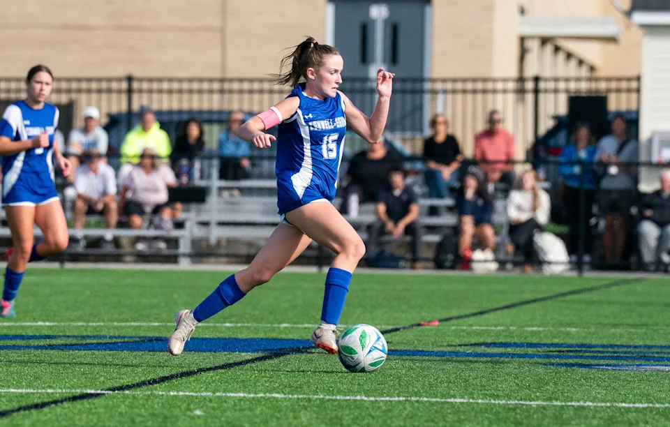 Conwell-Egan's Hailey Sarzynski, 15, takes on Archbishop Wood during a high school girls' soccer match in Fairless Hills on Sept. 28, 2026.