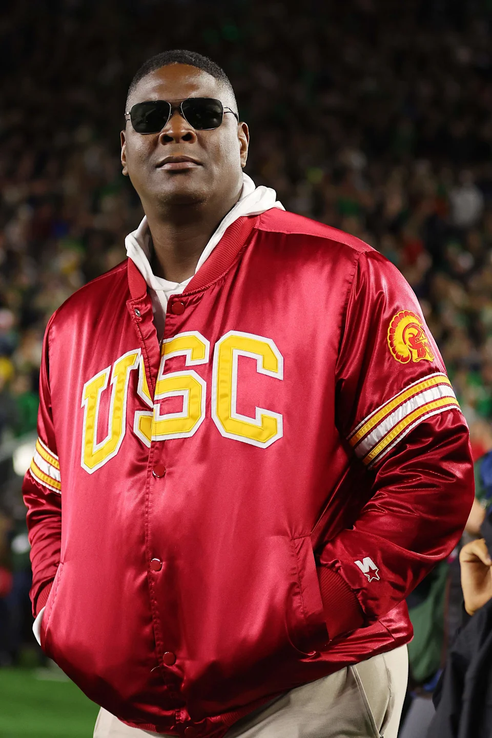 SOUTH BEND, INDIANA - OCTOBER 14: Former USC Trojan and NFL wide reciever Keyshawn Johnson looks on during the first half between the Notre Dame Fighting Irish and the USC Trojans at Notre Dame Stadium on October 14, 2023 in South Bend, Indiana. (Photo by Michael Reaves/Getty Images)