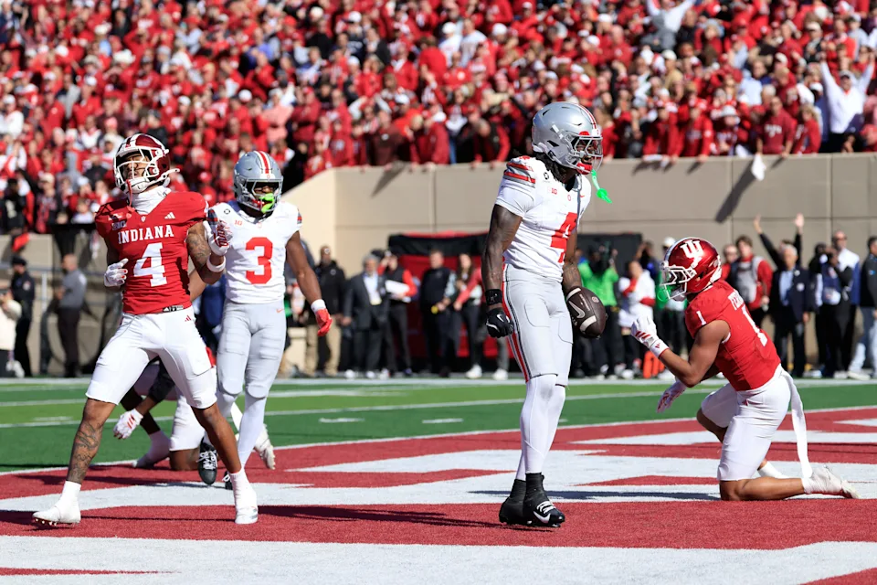 BLOOMINGTON, INDIANA - OCTOBER 17: Jeremiah Smith #4 of the Ohio State Buckeyes celebrates a touchdown during the fourth quarter against the Indiana Hoosiers at Memorial Stadium on October 17, 2026 in Bloomington, Indiana. (Photo by Justin Casterline/Getty Images)