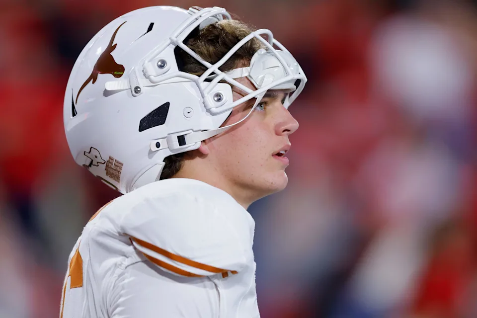 ATHENS, GEORGIA - NOVEMBER 15: Arch Manning #16 of the Texas Longhorns looks on during warmups before the game against the Georgia Bulldogs at Sanford Stadium on November 15, 2025 in Athens, Georgia. (Photo by Todd Kirkland/Getty Images)