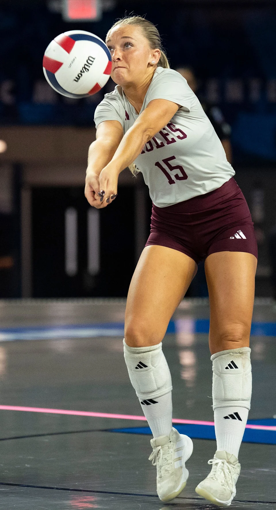 Eagleville's Presley Knowles (15) makes a pass against Merrol Hyde during the 2026 TSSAA Division I-A Girls Volleyball State Championship at Middle Tennessee State University Friday, October. 23, 2026.